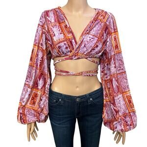 Urban Outfitters Florentina Velvet Wrap Top Medium Tarot Card Print Cropped Boho